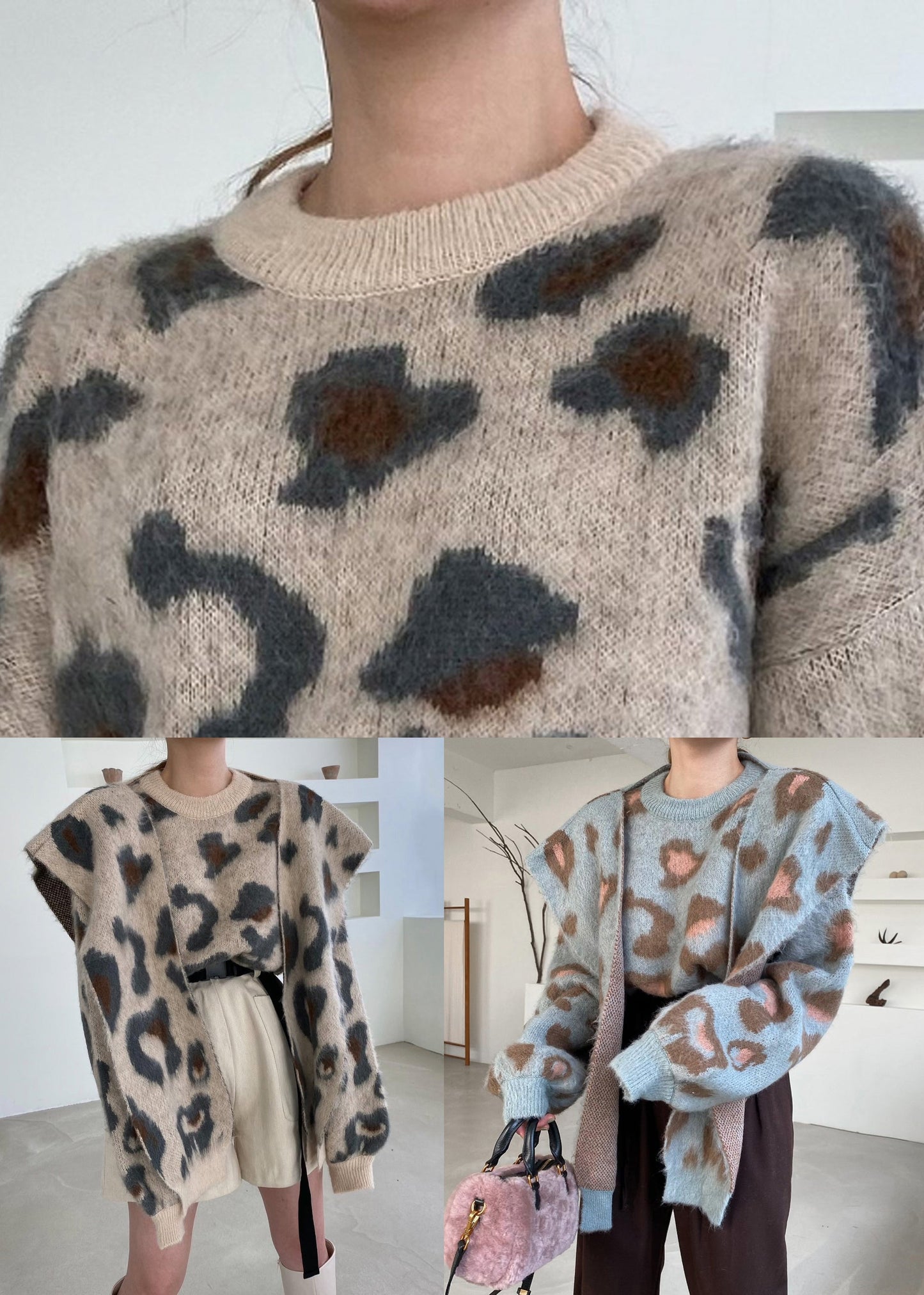 Jacquard Khaki O Neck Shawl and Sweater Knit Two Pieces Set Winter