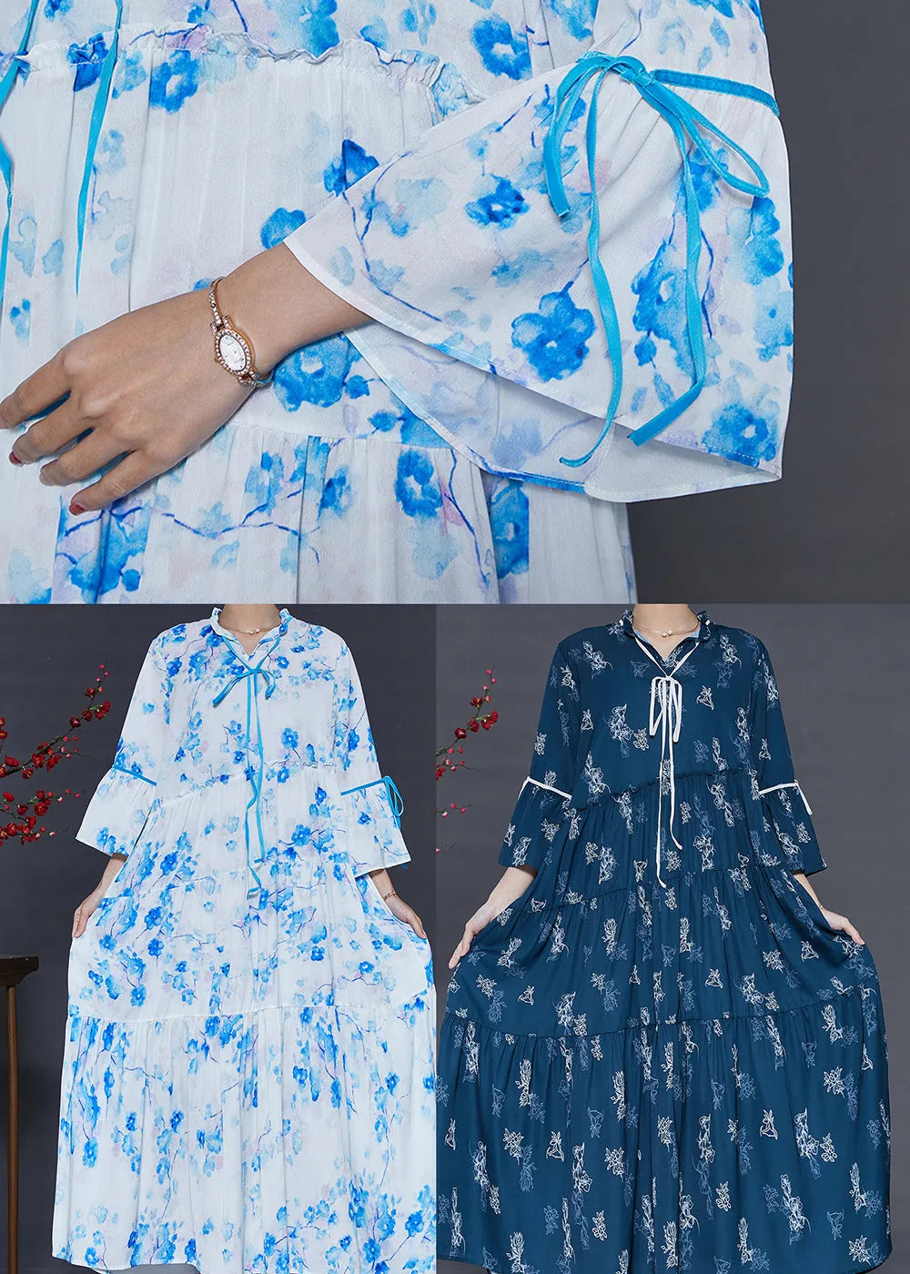 Navy Print Cotton Holiday Dresses Exra Large Hem Summer