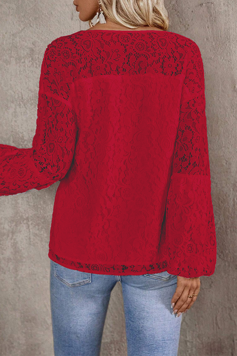 Color Lace Fringed Trim Hollow Out V Neck Tops(4 Colors)