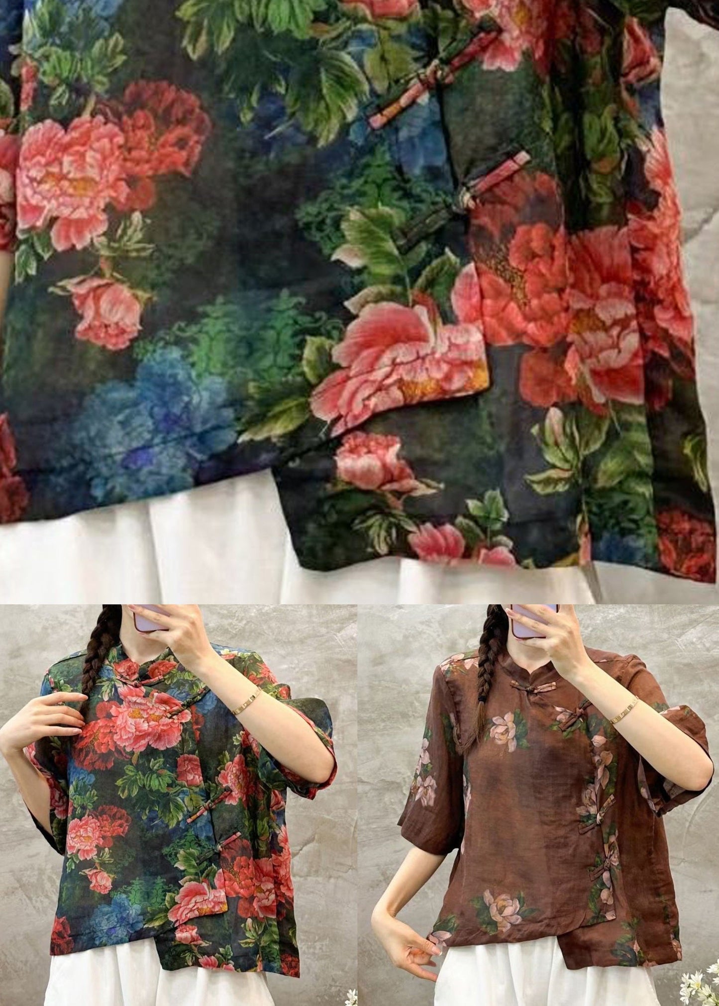 Green Stand Collar Print Linen Shirt Summer