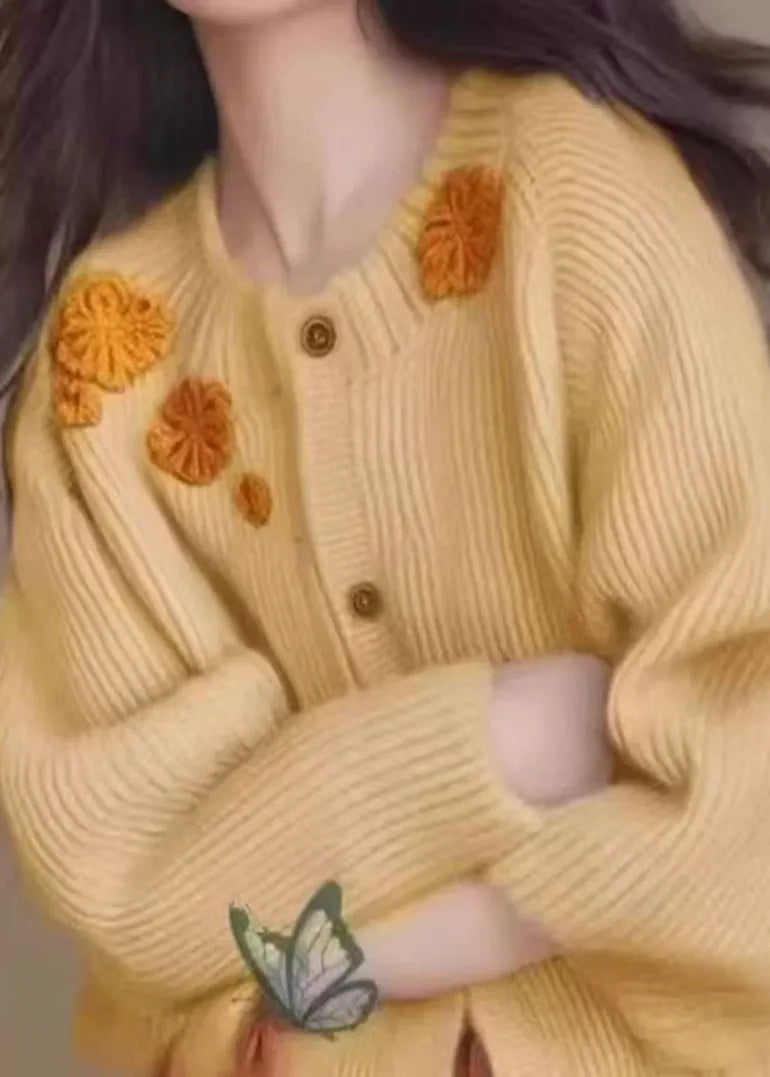 French Yellow Decorated Thick Knit Cardigan Winter