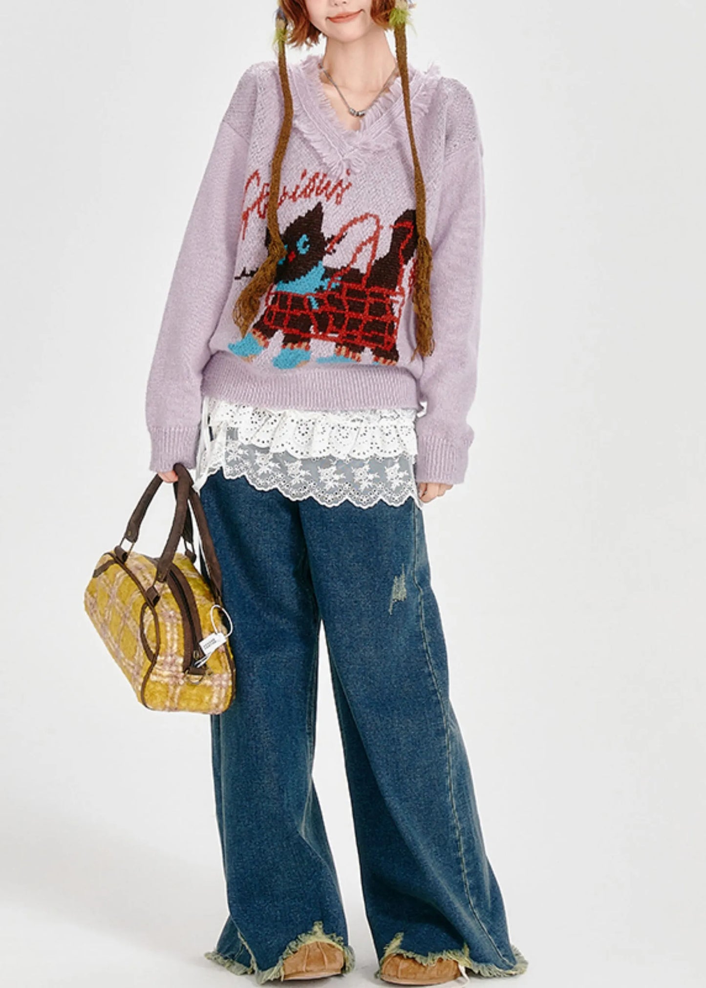 Stylish Lavender Tasseled Cat Jacquard Knit Sweaters Winter