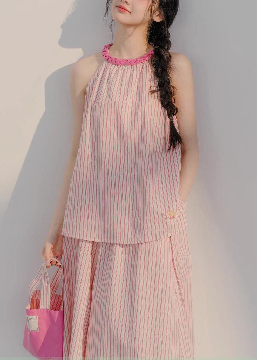 Pink Striped Tops and Crop Pants Cotton Two Pieces Set Sleeveless