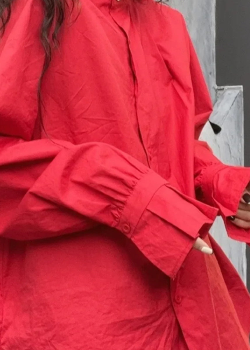 Red Stand Collar Patchwork Cotton Blouse Tops Spring