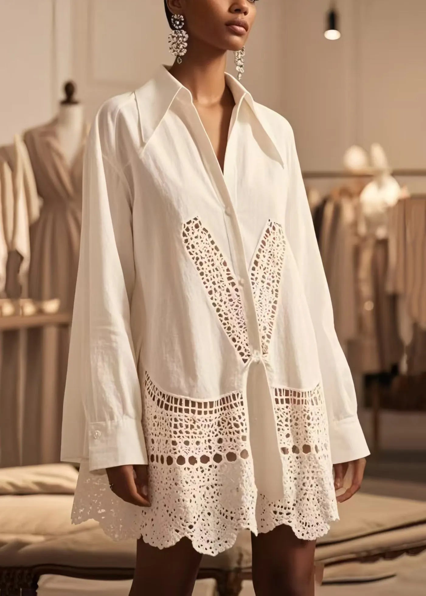 White Oversized Hollow Out Cotton Shirt Tops Spring
