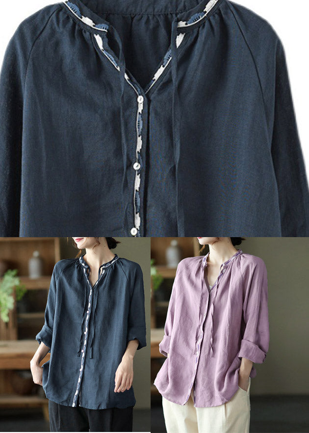 Novelty Purple V Neck Embroidered Neck Tie Linen Shirt Long Sleeve