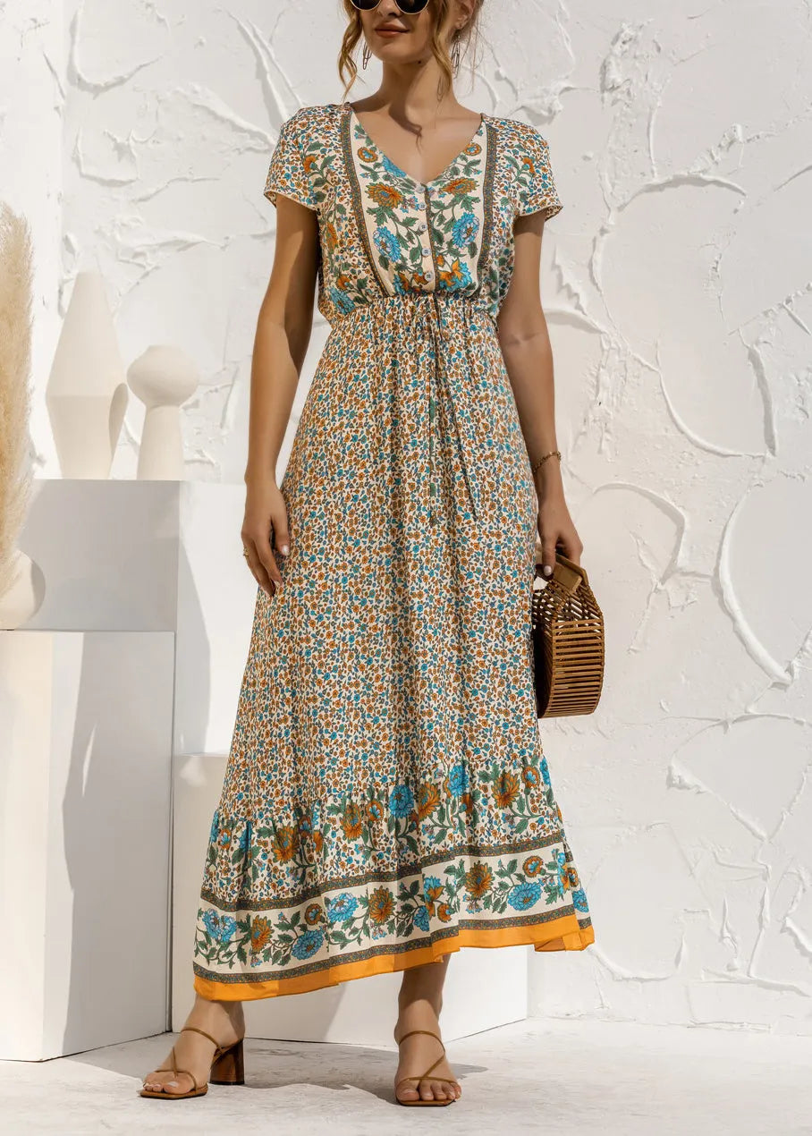 Blue V Neck Print Drawstring Cotton Long Dress Summer