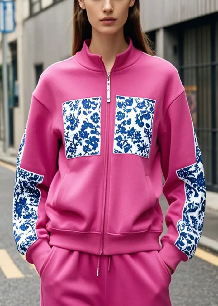 Boutique Rose Stand Collar Patchwork Print Cotton Coat Fall