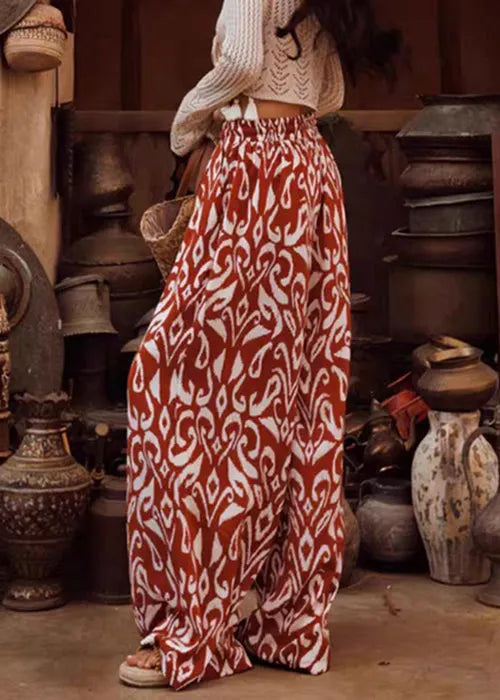 Red Print Elastic Waist Silk Pants Summer