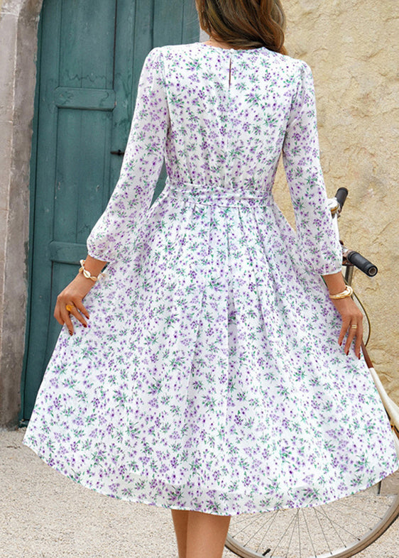 Stylish White O Neck Print Tie Waist Chiffon Dress Summer