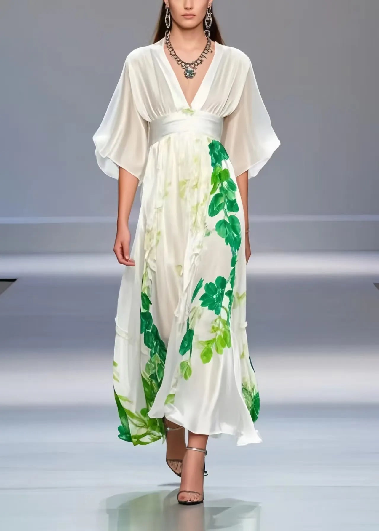White Cinched Print Silk Long Dress Summer