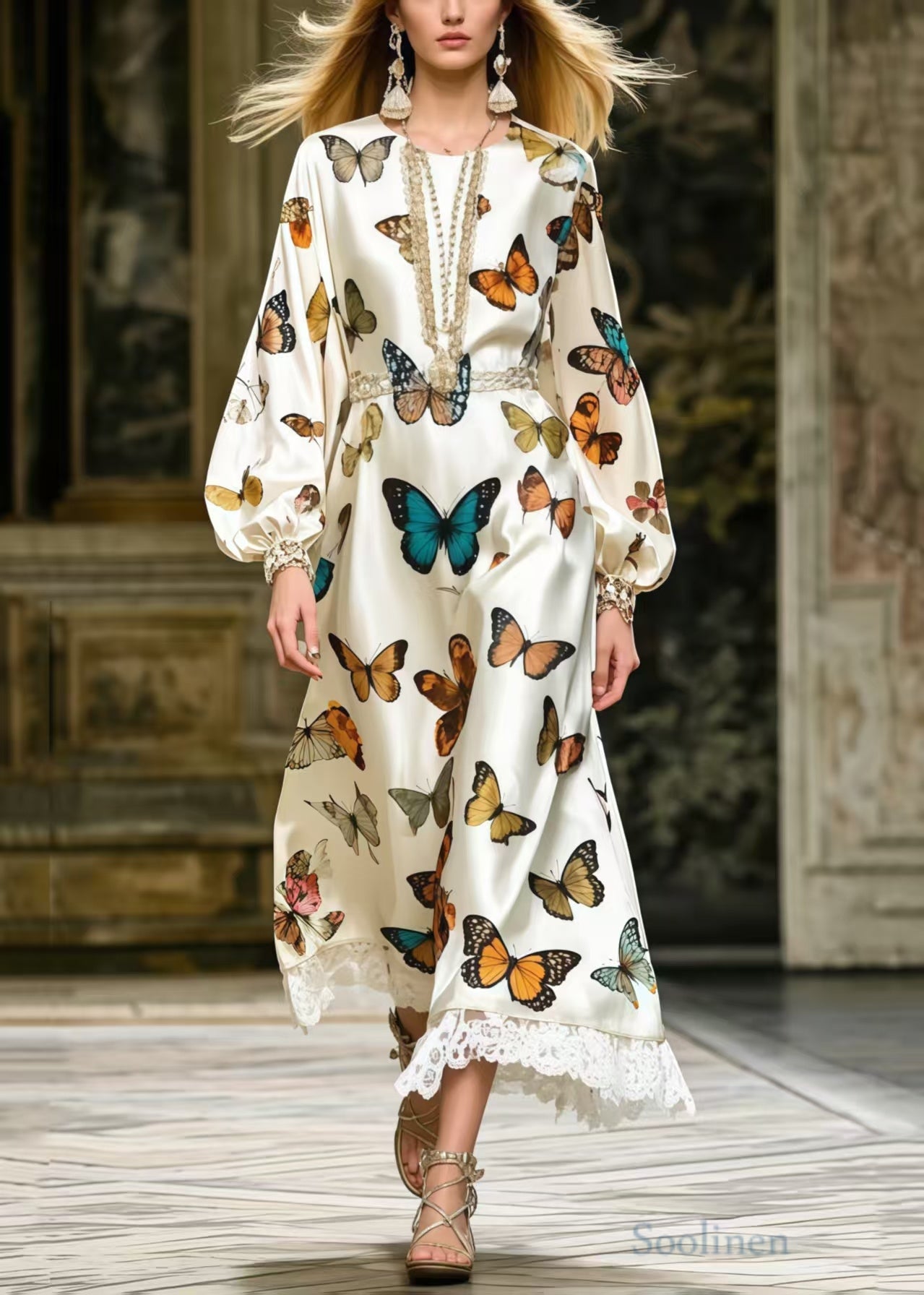 Fine Polychrome Butterfly Lace Patchwork Silk Party Dress Spring