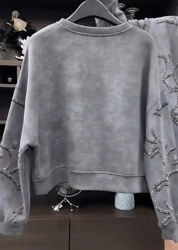 Grey O-neck Sequins Sweatshirt Fall