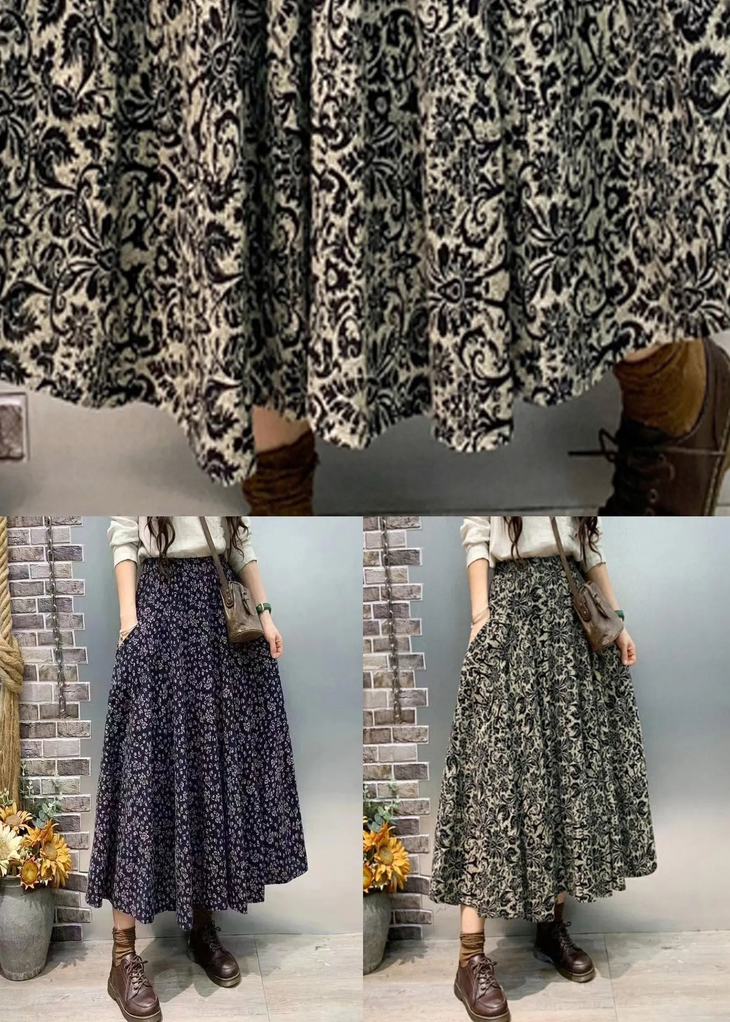 Navy Pockets Elastic Waist Cotton Skirt Fall
