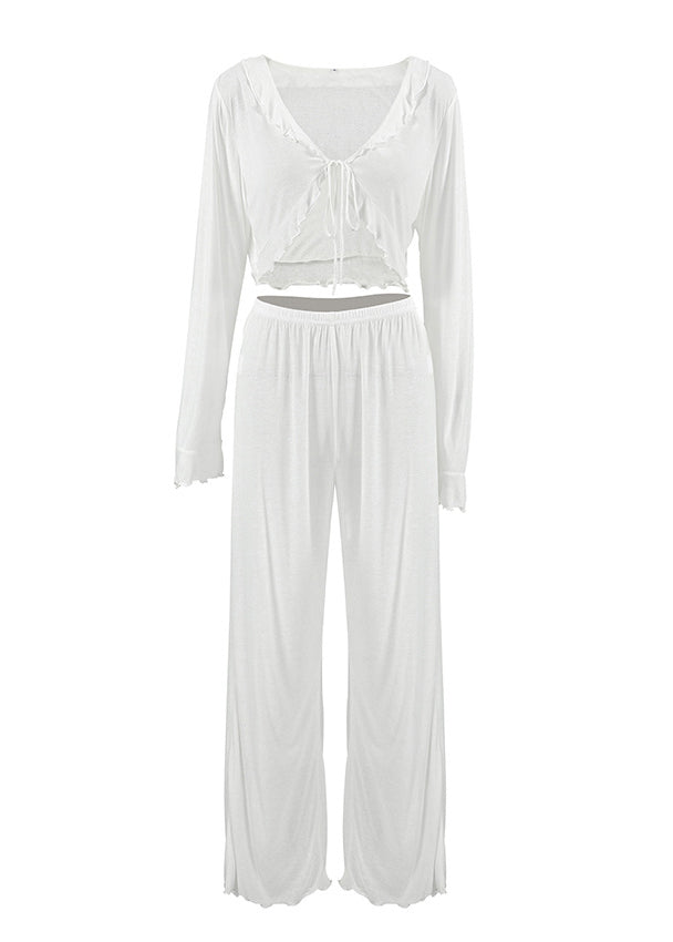 White Lace Up Tops and Pants Cotton Two-piece Set Summer