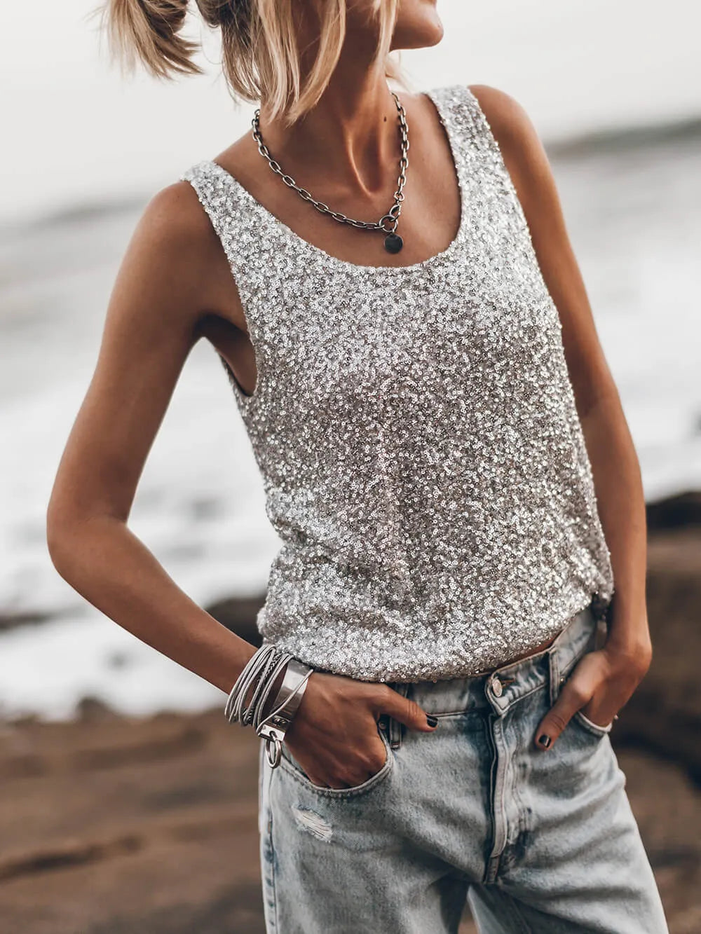 Sequined Resort Tank Top
