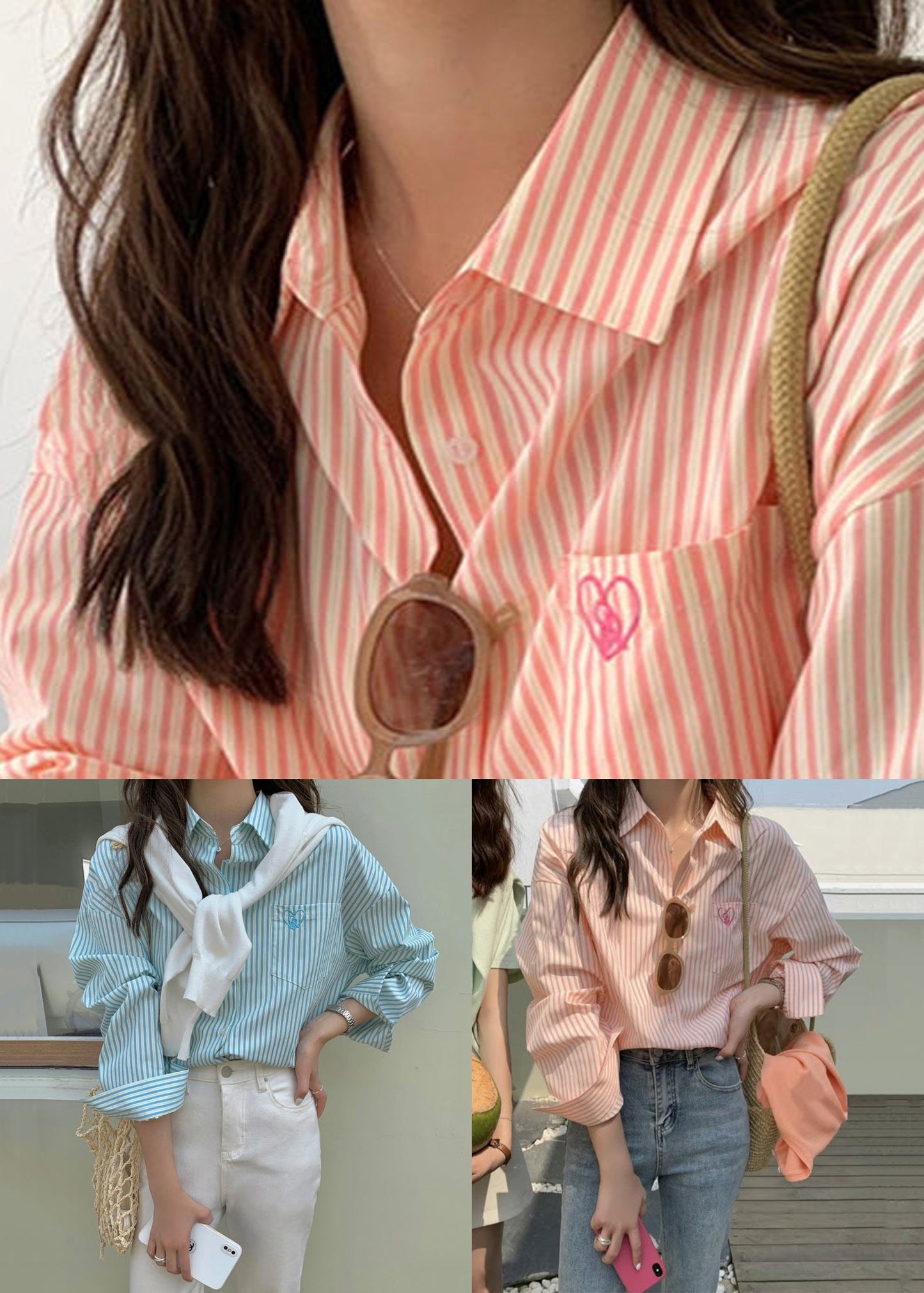 Blue Striped Pockets Cotton Fall Shirt Peter Pan Collar