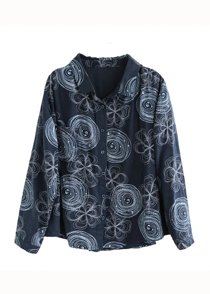 Navy Peter Pan Collar Print Patchwork Cotton Shirt Top Spring