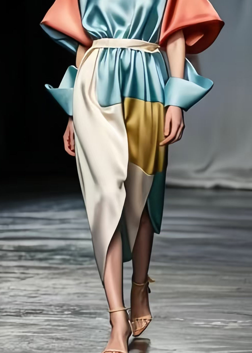 Sky Blue Tie Waist Patchwork Side Open Silk Dresses Puff Sleeve