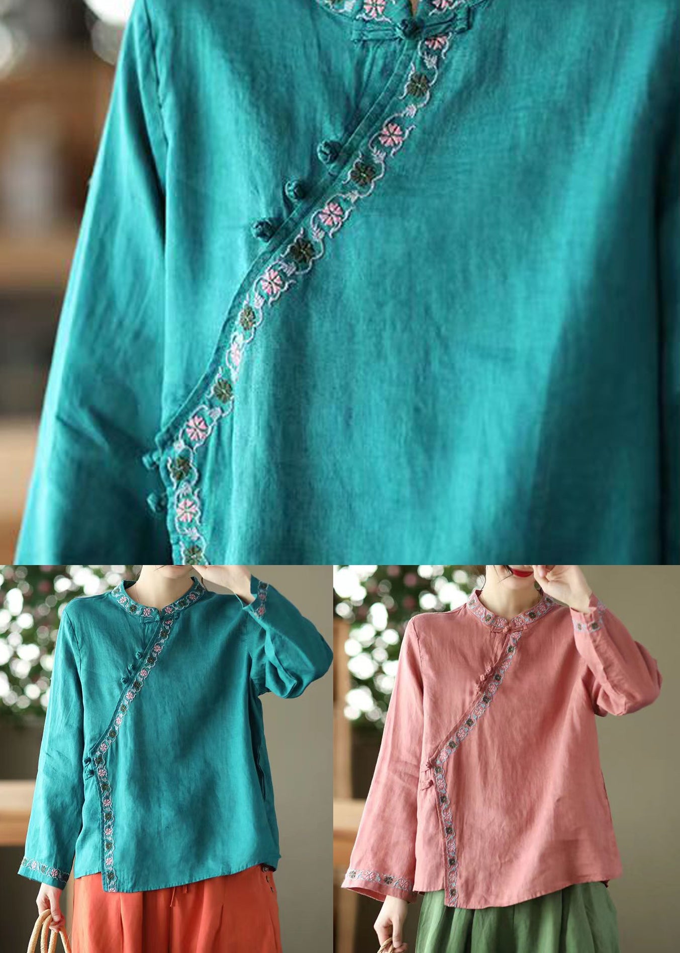 Red Stand Collar Embroidered Linen Shirt Top Long Sleeve