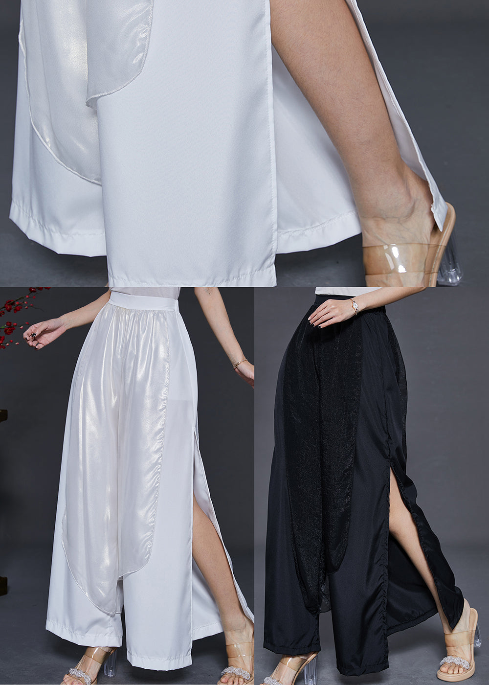 Black Side Open Chiffon Wide Leg Pants Summer