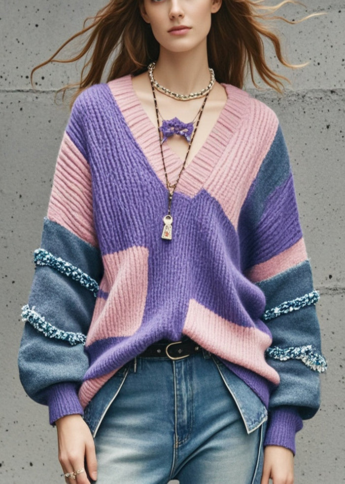 Purple V Neck Patchwork Thcik Sweaters Fall