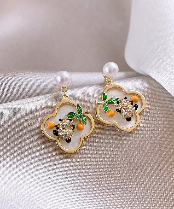 Gold Sterling Silver Alloy Panda Pearl Stud Earrings