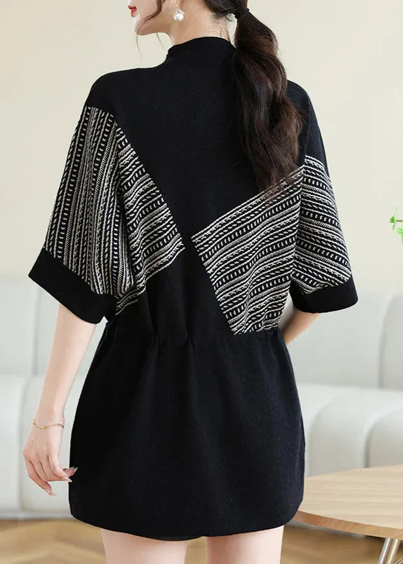 New Coffee O-neck Print Drawstring Knit Top Spring