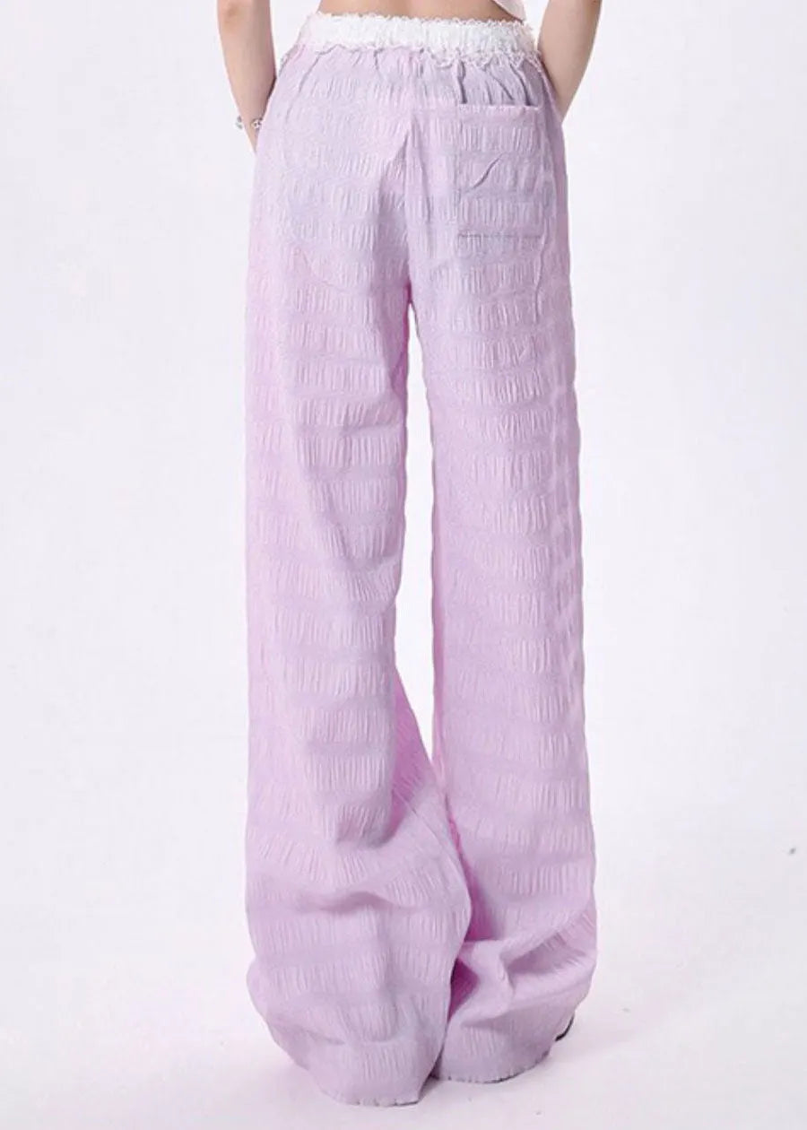 Blue Pockets Lace Patchwork Cotton Pants Spring