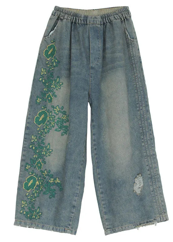 Blue Embroidered Cotton Ripped Jeans Pants Fall