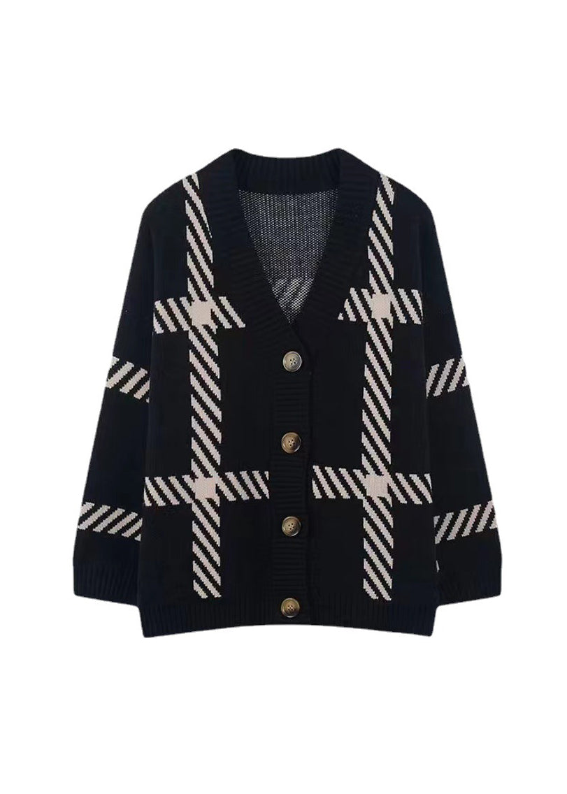 Khaki V Neck Striped Button Knit Cardigan Fall