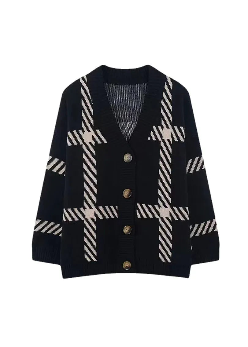 Khaki V Neck Striped Button Knit Cardigan Fall