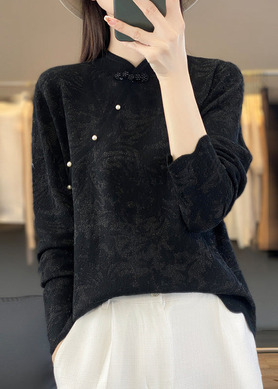 Beige Stand Collar Jacquard Woolen Sweater Spring