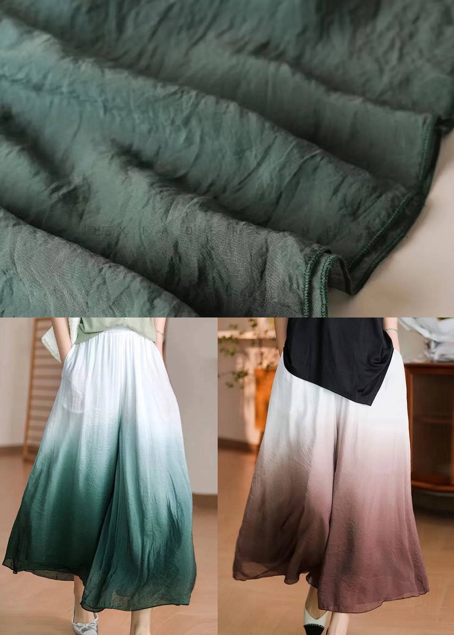 Gradient Green Elastic Waist Cotton Pants Skirt Spring