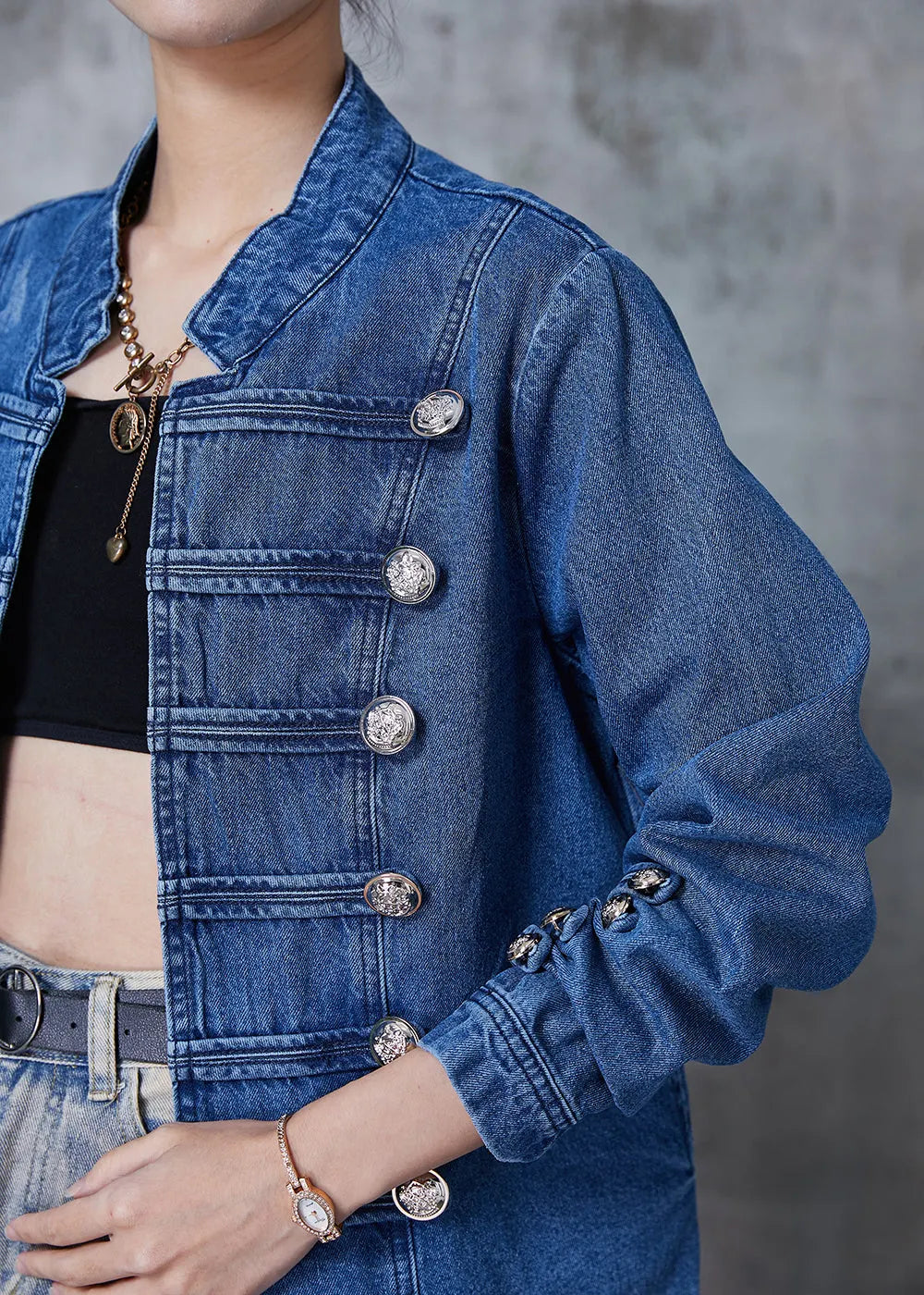 Style Navy Double Breast Denim Coats Fall
