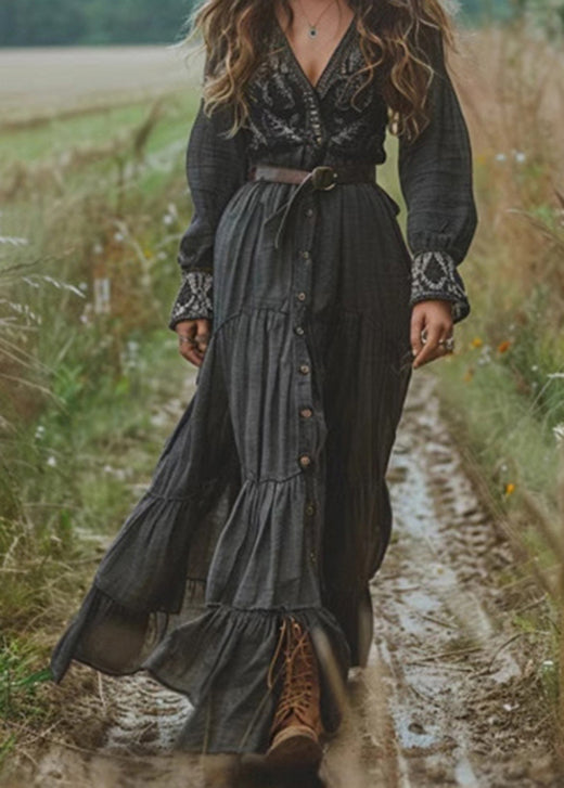 New Black V Neck Button Wrinkled Patchwork Cotton Dress Fall