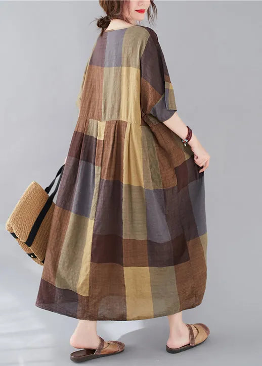 Plaid V Neck Patchwork Linen Long Dresses Summer