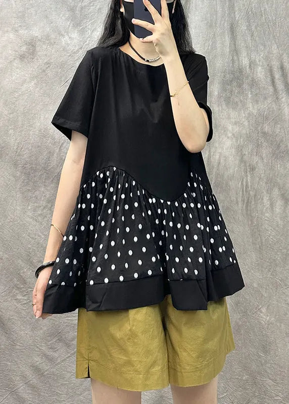 Khaki O Neck Dot Patchwork Cotton T Shirts Top Summer