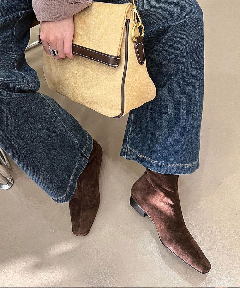 Brown Chunky Suede Comfy Splicing Zippered Boots