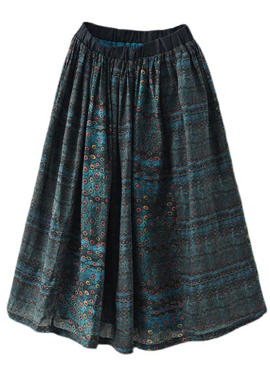Blue Patchwork Print a Line Fall Ramie Skirts