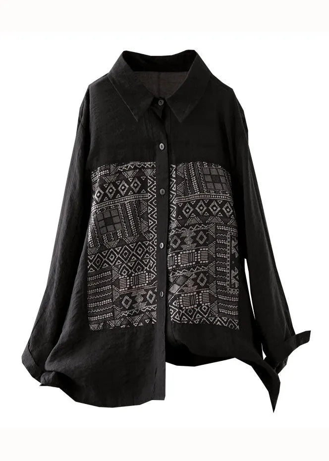 Black Peter Pan Collar Geometric Patchwork Linen Blouse Top Bracelet Sleeve