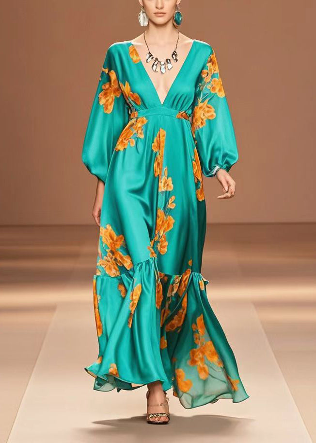 Peacock Green V Neck Print Silk Dresses Fall