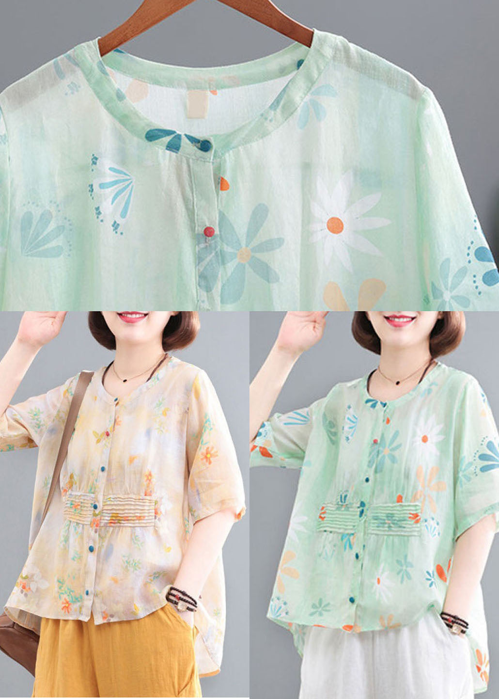 Green O-neck Button Wrinkled Print Cotton Shirts Half Sleeve