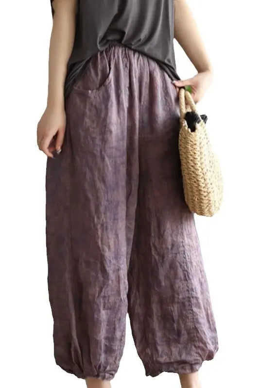 Purple Pockets Elastic Waist Linen Lantern Pants Summer