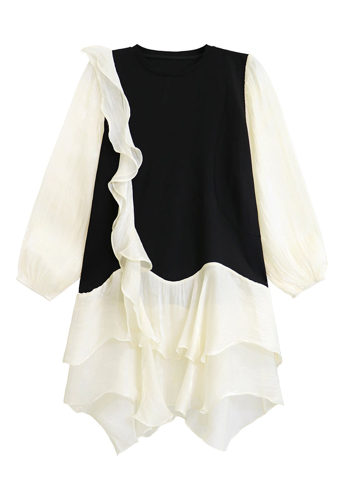 Apricot Ruffled Organza Patchwork Cotton Dress Fall