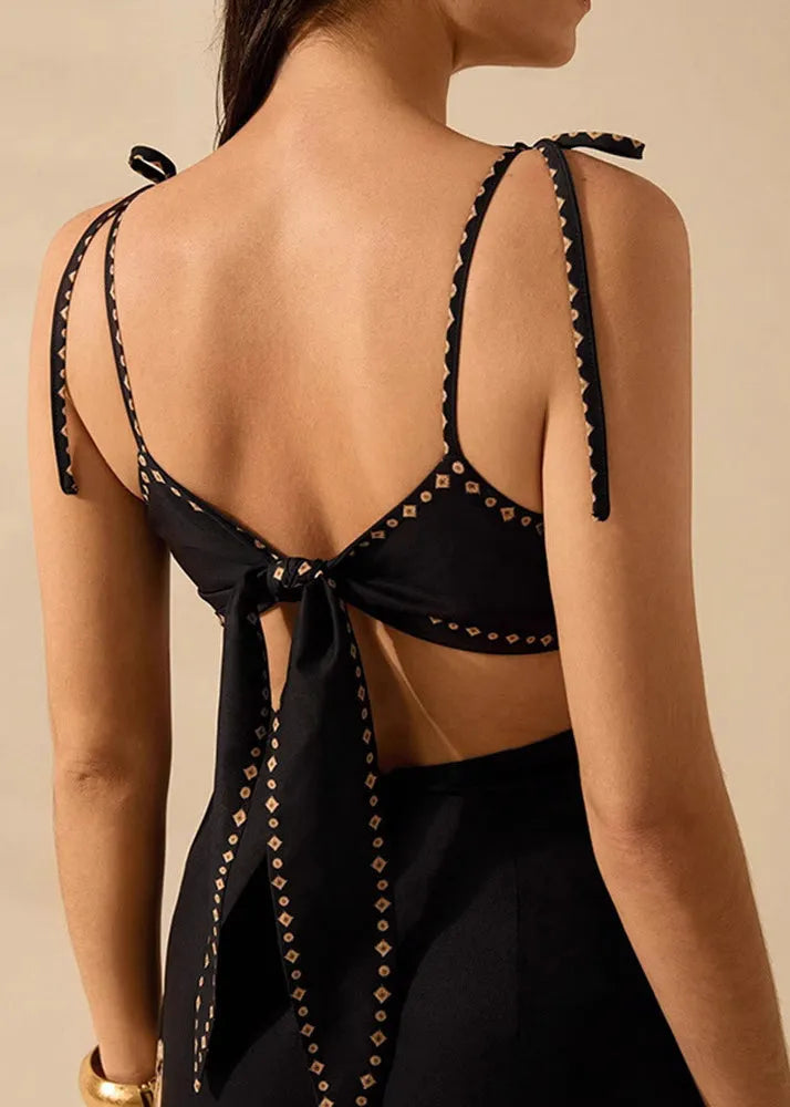 Black Backless Print Cotton Spaghetti Strap Dress Summer