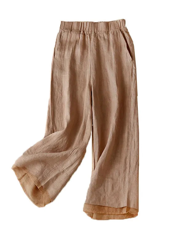Khaki Pockets Elastic Waist Linen Crop Pants Summer