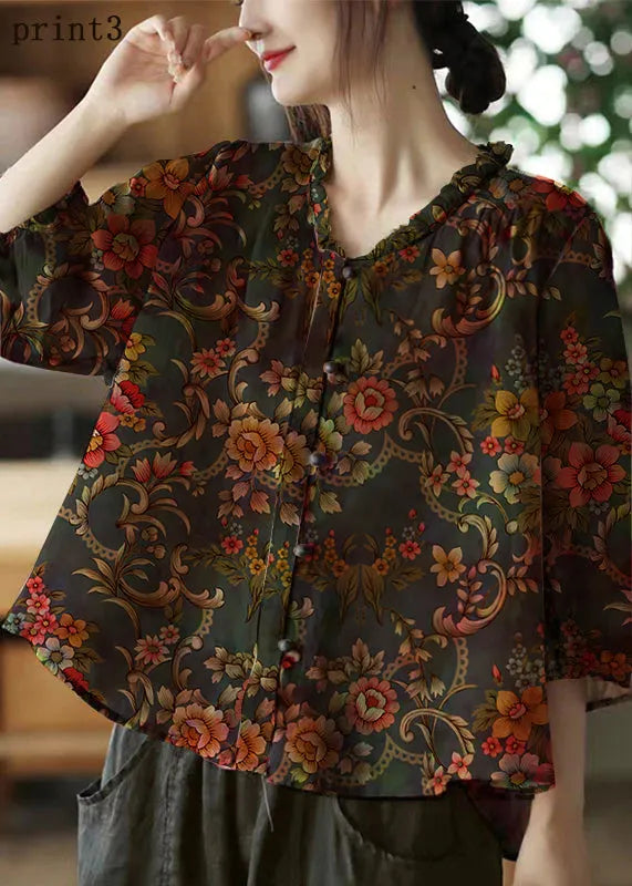 Pink-print6 V Neck Ruffled Print Linen Blouse Top Half Sleeve