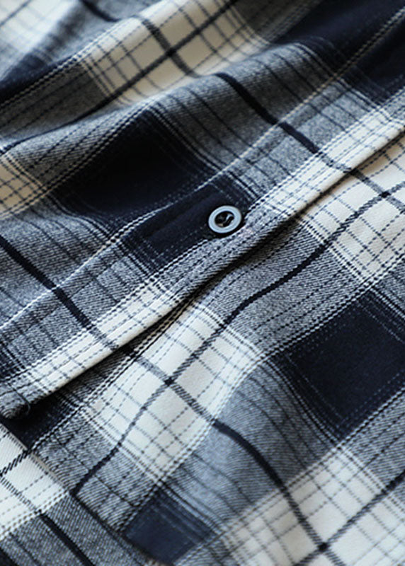 Style Black White Plaid Hooded Button Fall Top Long Sleeve