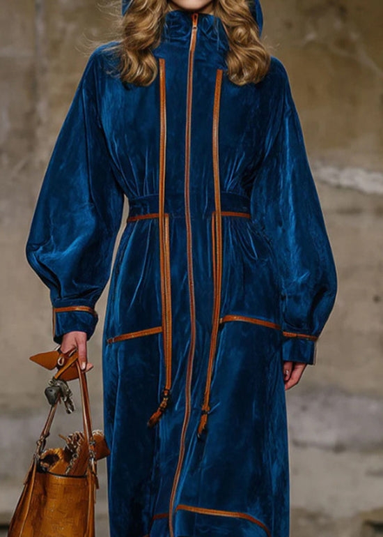 Stylish Blue Hooded Patchwork Velvet Long Coats Fall
